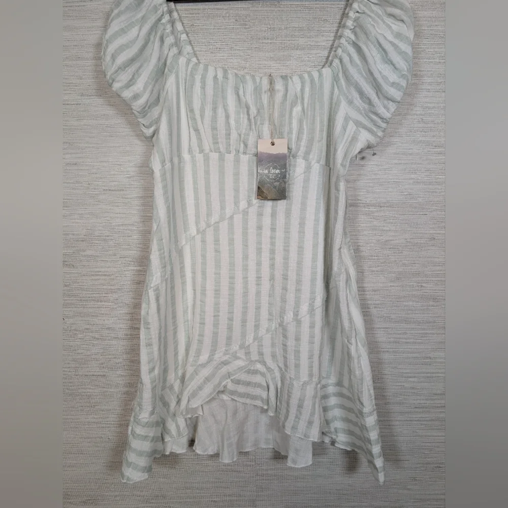 In Loom Seafoam Green And White Striped Gauze Mini Dress High Low Large NWT - Picture 2 of 14